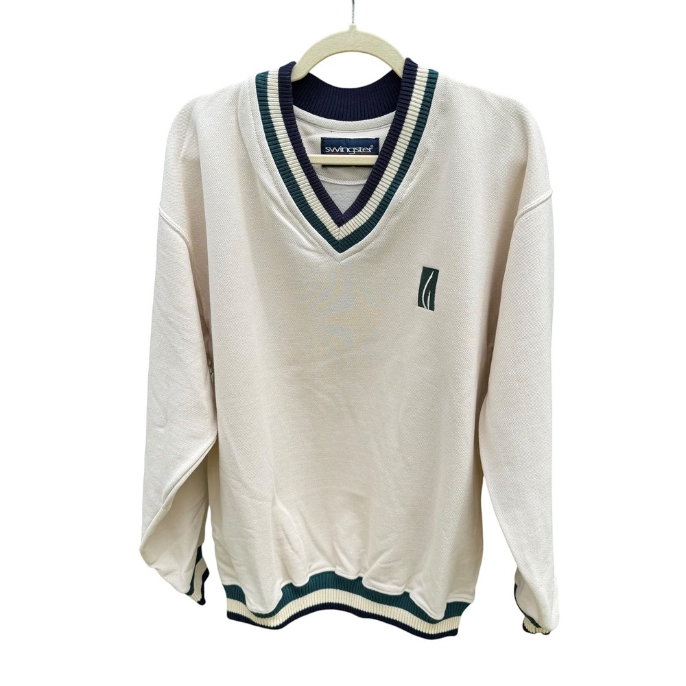 Swingster Vintage Mens‎ V-Neck Sweatshirt Cream Collegiate Striped Large USA